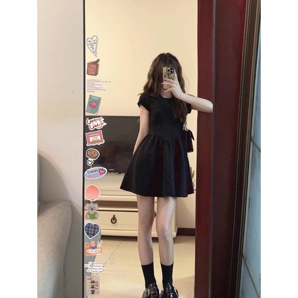 Summer new girl small short-sleeved dress women's waist slimming small black skirt short skirt