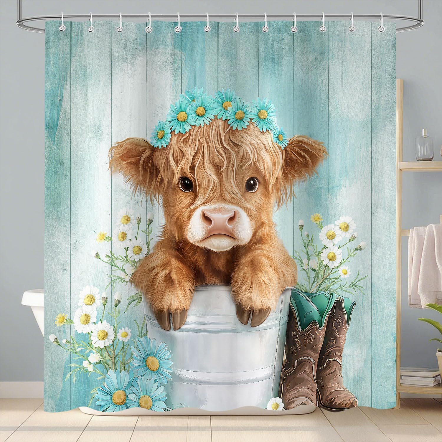 

Western Highland Cow Shower Curtain, Funny Cute Art Cow Print Rustic Country Farmhouse Blue Floral Bathroom Decor, Waterproof 90x180CM