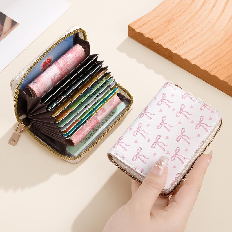 Cute Bow Print PU Leather Card Holder Multiple Slots Secure Zipper Coin Purse Small Wallet for Weekend Trips