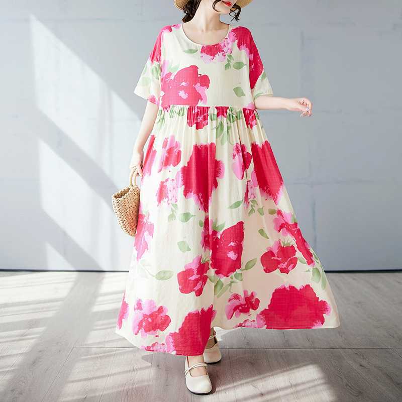 Einfacher und modischer langer Rock Sommer Kurzärmel Rundhals bedrucktes Kleid