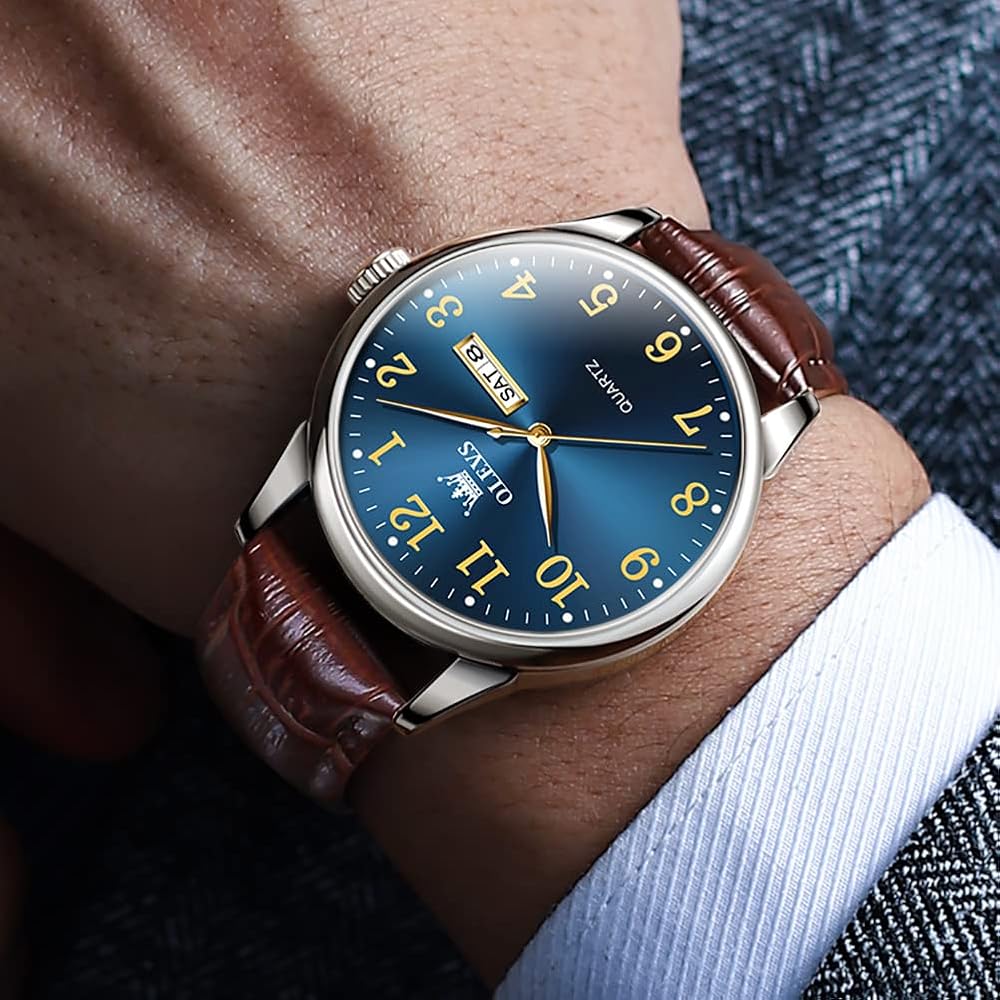 OLEVS Men's Casual Analog Watch Brown Leather Band Waterproof Business Quartz Date Display