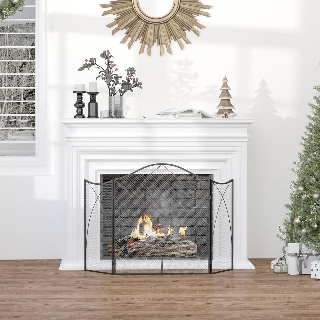 Spark Guard for Fireplaces, Triple Foldable, Metal Structure, Coating, 108x2x76 cm, Black
