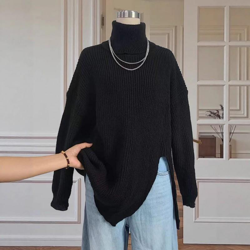 Womens Split Hem Mid-Length Turtleneck Collar Knit Sweater Loose Fit Plus Size Long Sleeve