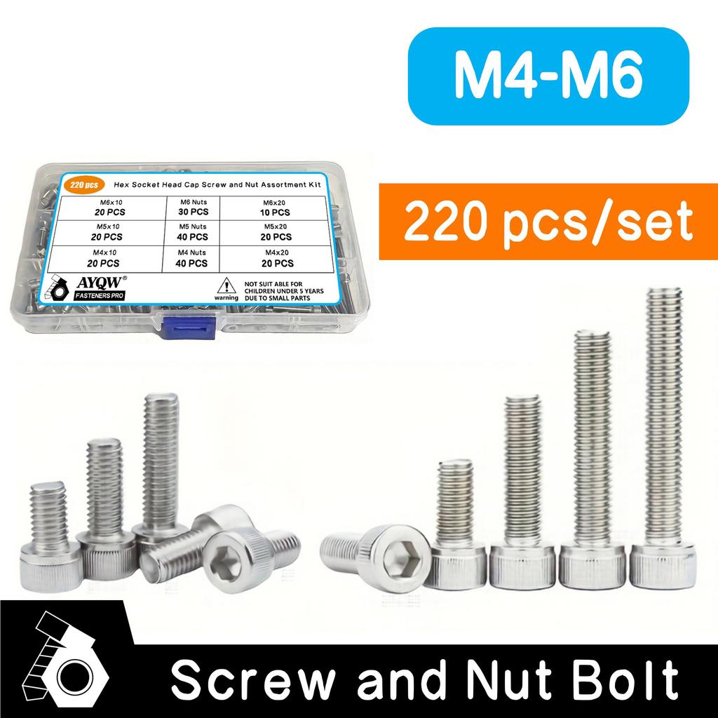 Stainless Steel Internal Hex Screws, Multi-Spec Nut and Bolt Set, M4/M5/M6 Internal Hex Screws, Suitable for Shelf Fixing