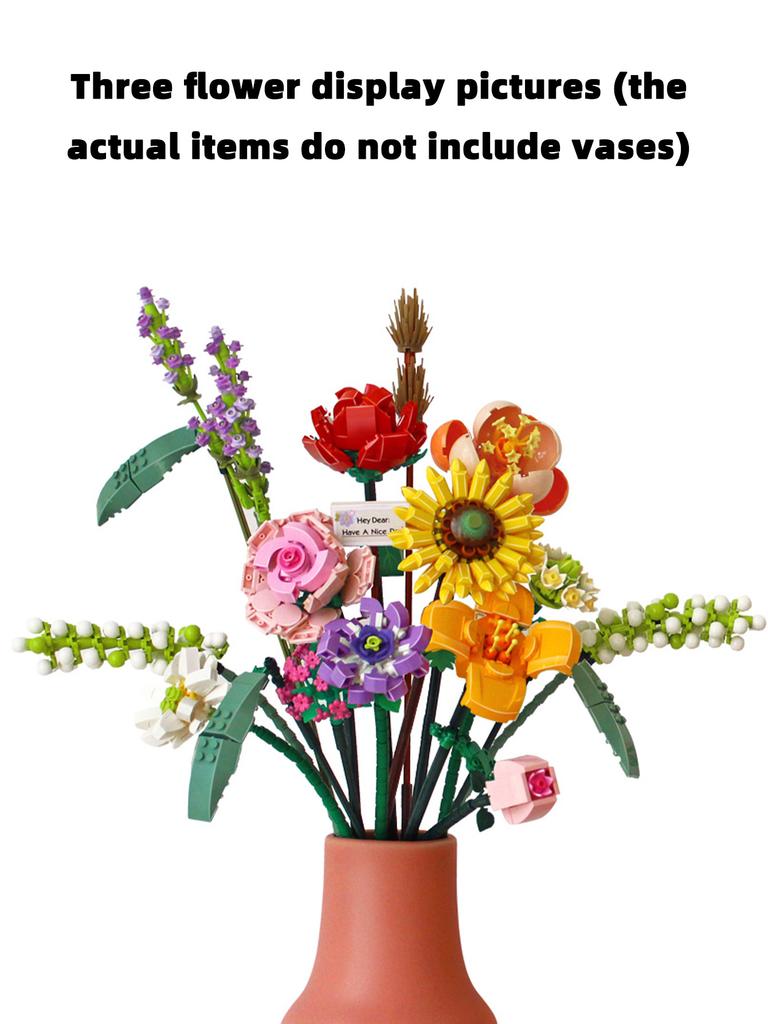 3 Arten von zusammengesetzten Blumenstrauß-Bausteinen DIY Blumenbaustein-Spielzeugset Heimdekoration Feiertagsgeschenk Geburtstagsgeschenk (Vasen nicht enthalten)