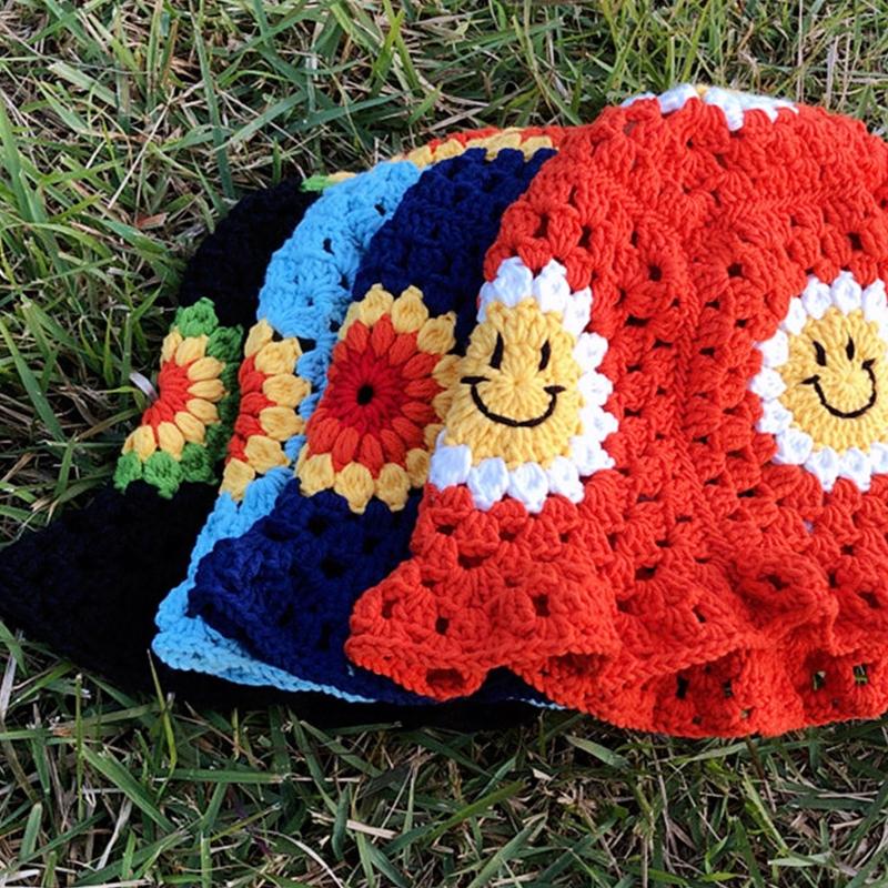 Handmade Crochet Bucket Hat Cute Ladies Outdoor Sports Fisherman Cap for Women Teenagers Casual Spring Summer Sunscreen