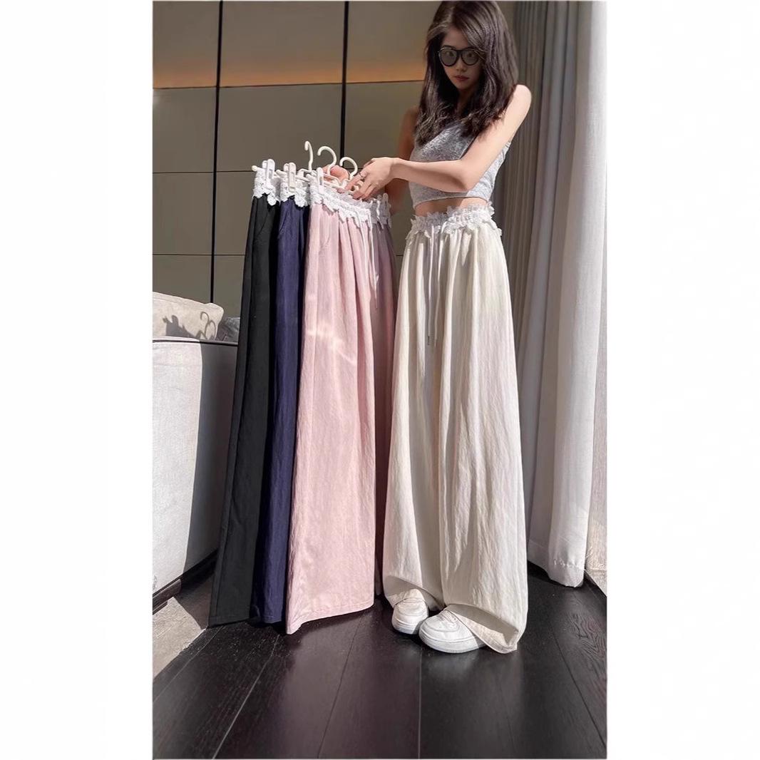 

Women s Washed Cotton Wide-Leg Pants with Lace Waist – Spring/Summer 2025 Collection, Textured Drape by Yamamoto. L