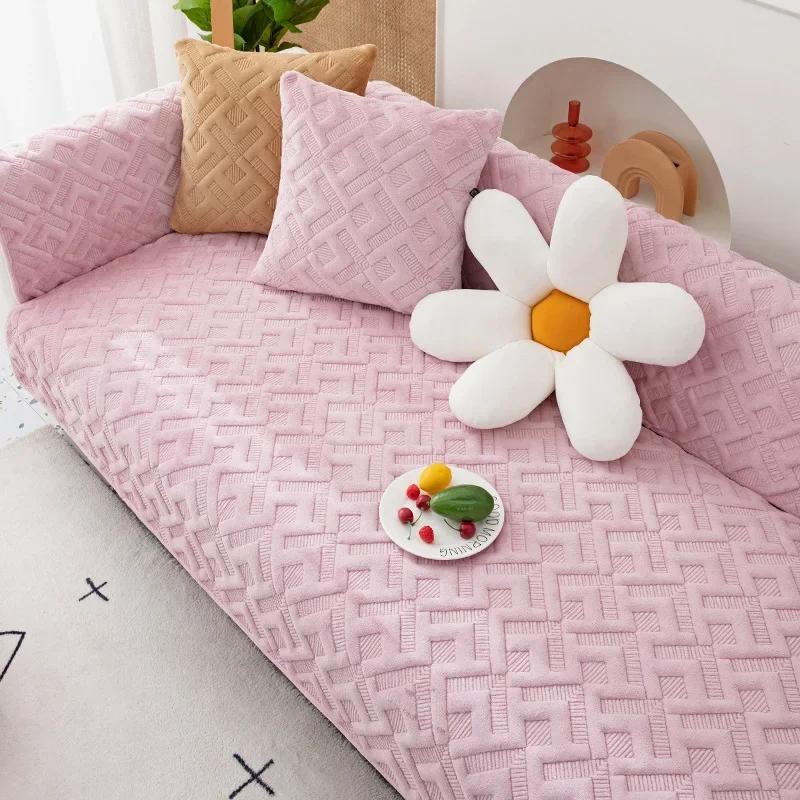 Leaf Patterned Plush Sofa Cushion Pillowcase Solid Color Anti Slip Winter Sofa Towel Wave Edged Diamond Patterned Sofa Cover