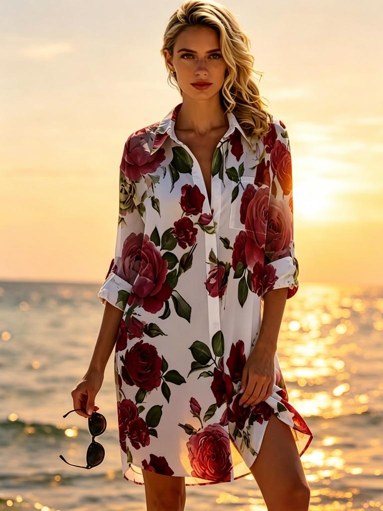 Plus Size Women's New Long Sleeve Printed Shirt Loose Fit Button Lapel Pocket Beach Printed Shirt, Plus Size Shirt