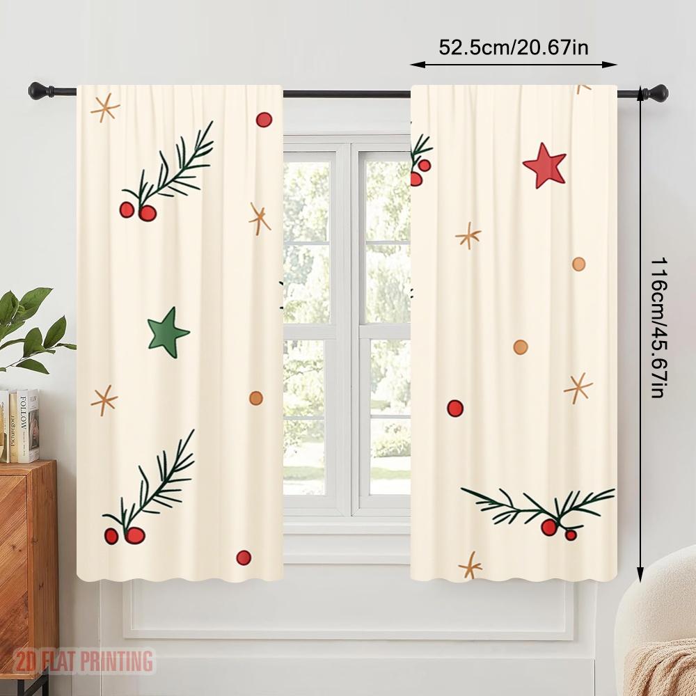 2 szt., druk płaski 2D Zasłony filtrujące światło Gałązka z jagodami bożonarodzeniowymi Gwiazda Wszechstronna tkanina poliestrowa (bez pręta) Dekoracje