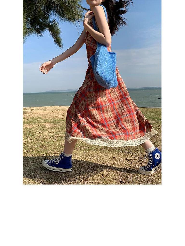 Lined French Lace Plaid One-Shoulder Camisole Dress with Cinched Waist for Women