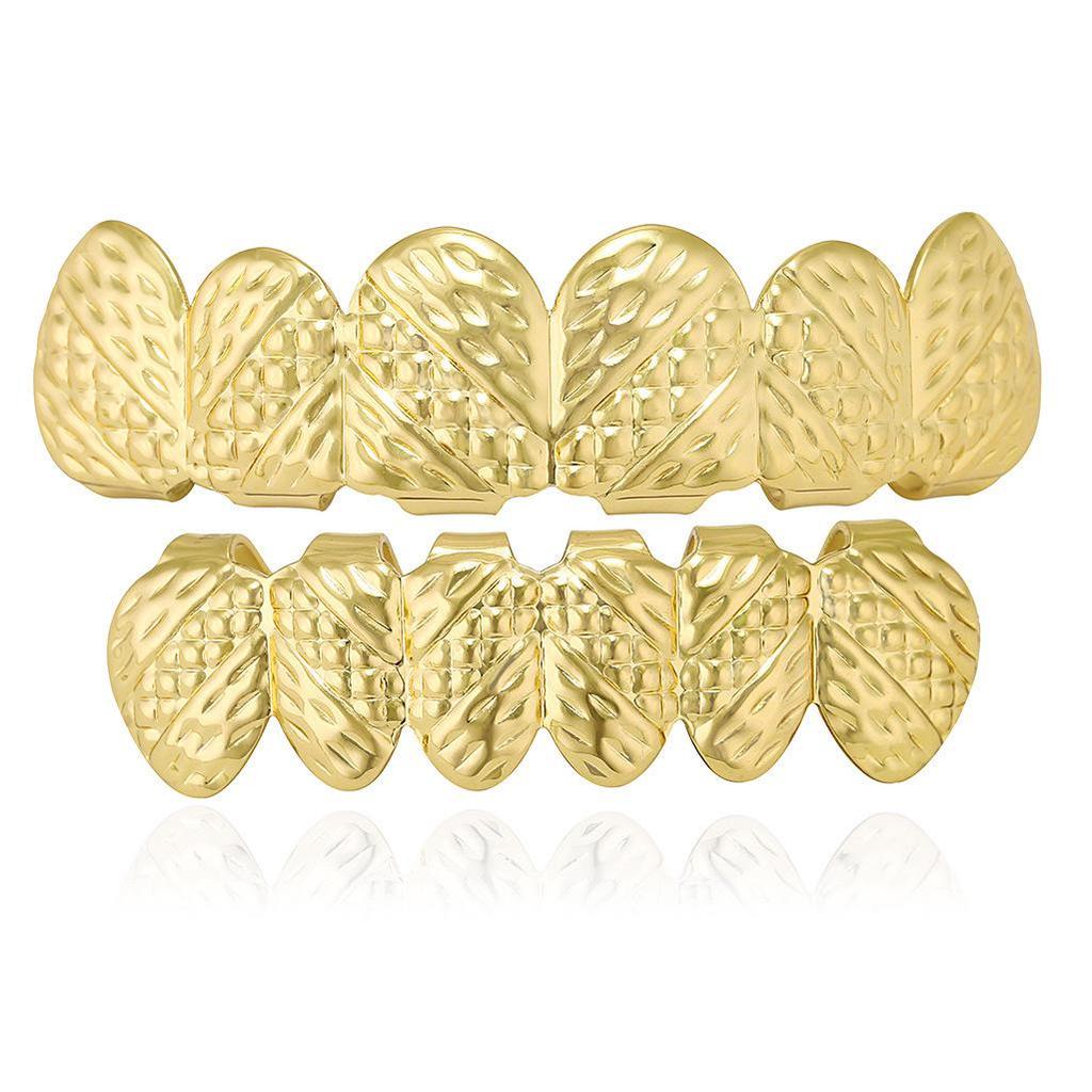 Carved Plaid Pattern Metal Hip Hop Upper and Lower Teeth Set