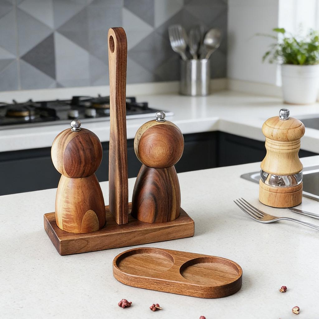 2 Hole Base Tea Tray Home Decoration Seasoning Bottle Storage Holder Wood Pepper Mill Tray Bamboos Salt Pepper Shaker Stand