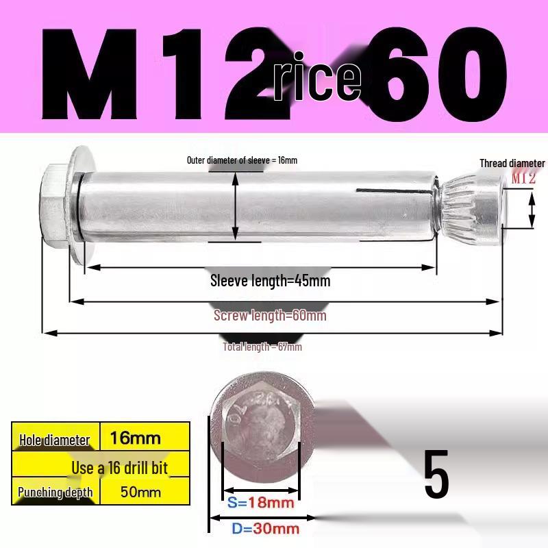 Stainless Steel Expansion Screw: Hexagonal Head with Internal Expansion (304/201), Sizes M6, M8, M10, M12.