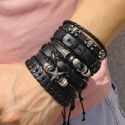 Mode Armband Armband Voor Mannen Handarmbanden Geweven Schedel Hand Sieraden Verstelbare Leer Set man armband