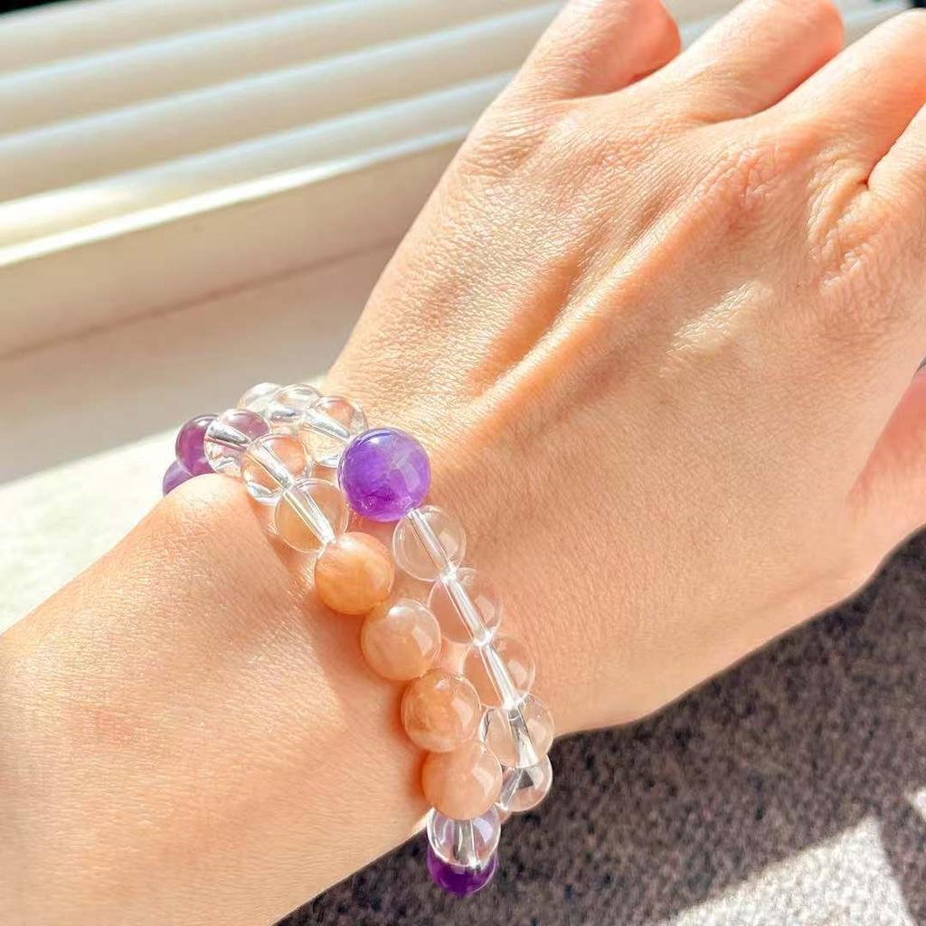 Retro High Quality Natural Vitreous White Crystal Sunstone Amethyst Multi-Circle Bracelet Bracelet