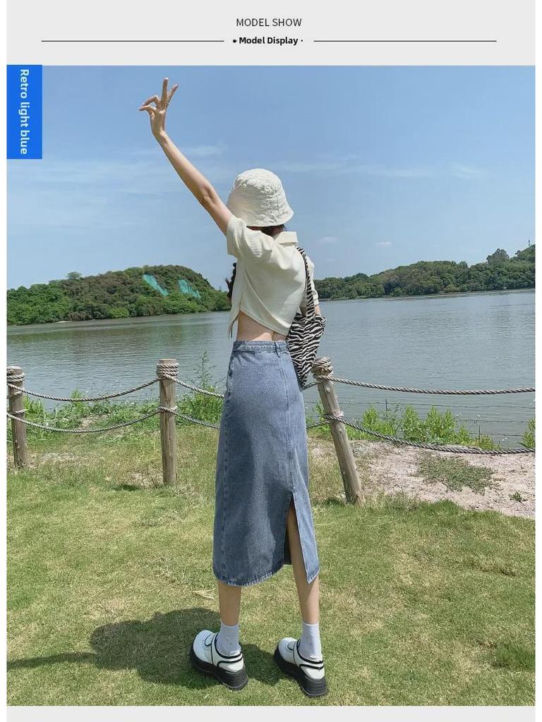 Schwarzer Denim Midi-Rock mit Schlitz und hohem Bund - 2025 A-Linien-Stil für Frühling/Herbst für Damen