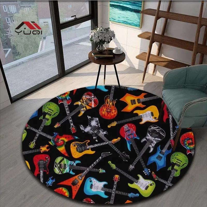 Guitar Music Round Area Rug – Soft Non-Slip Floor Mat for Living Room or Bedroom – Musical Pattern Carpet, 5 Sizes Available