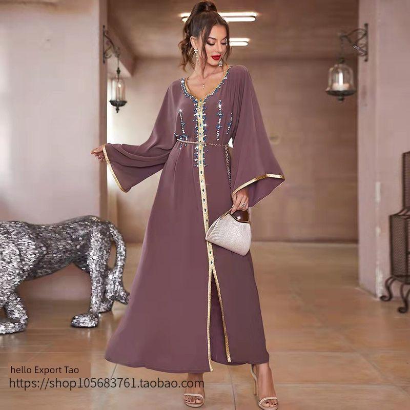 European and American Hand-Stitched Diamond Net Red V-neck Lace-up Dress Hand Stitched Diamond Dress