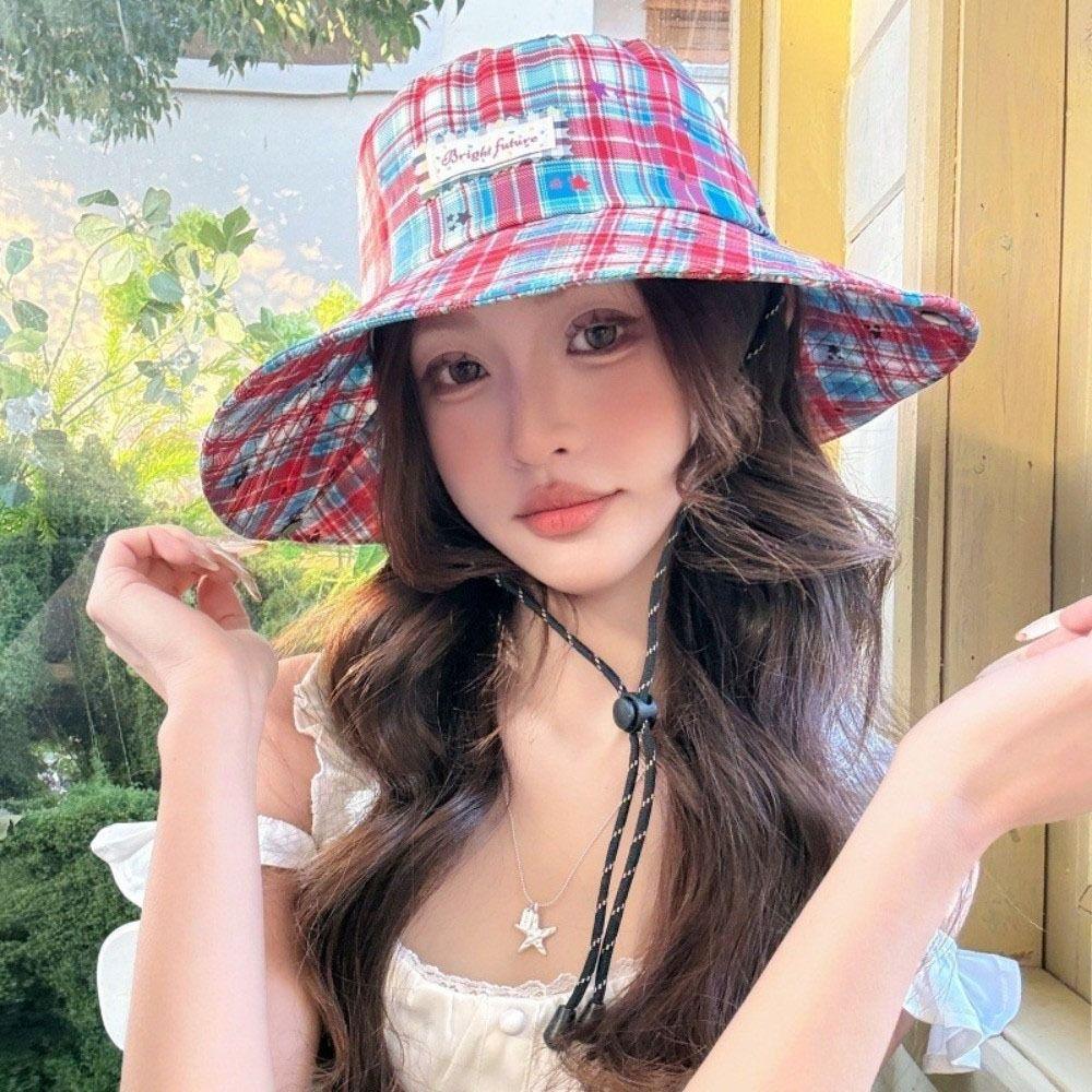 Sun Protection Plaid Fisherman Hat Wide Brim Sunscreen Bucket Hat Casual Women Sun Hat  Travel
