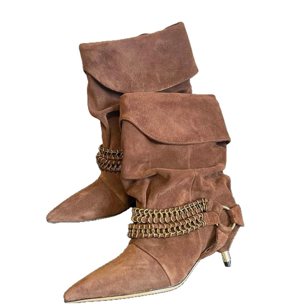 Korean Version of Niche Chain Cat Heel Thin Boots Women's Medium Tube Stacking Boots Temperament Thin High Heel Pointed Western Cowboy Short Boots