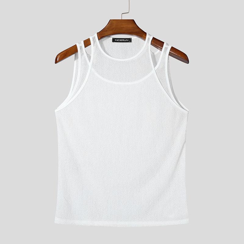 INCERUN Débardeurs de fête d'été pour hommes sans manches transparents en maille transparente fausse deux pièces