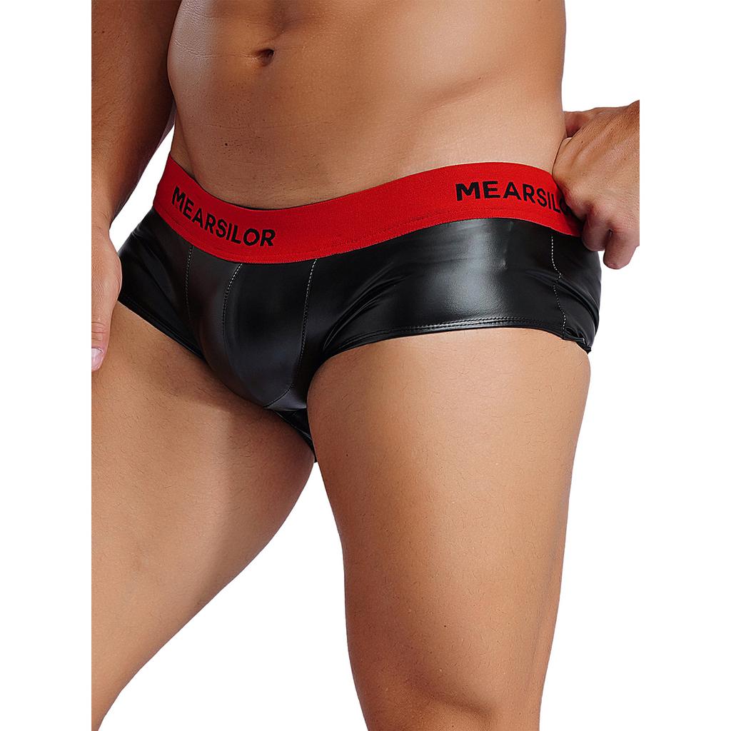 Mens Latex Boxer Briefs Low Rise Design Letter Print Waistband Convex Pouch Underwear Nightclub Loungewear