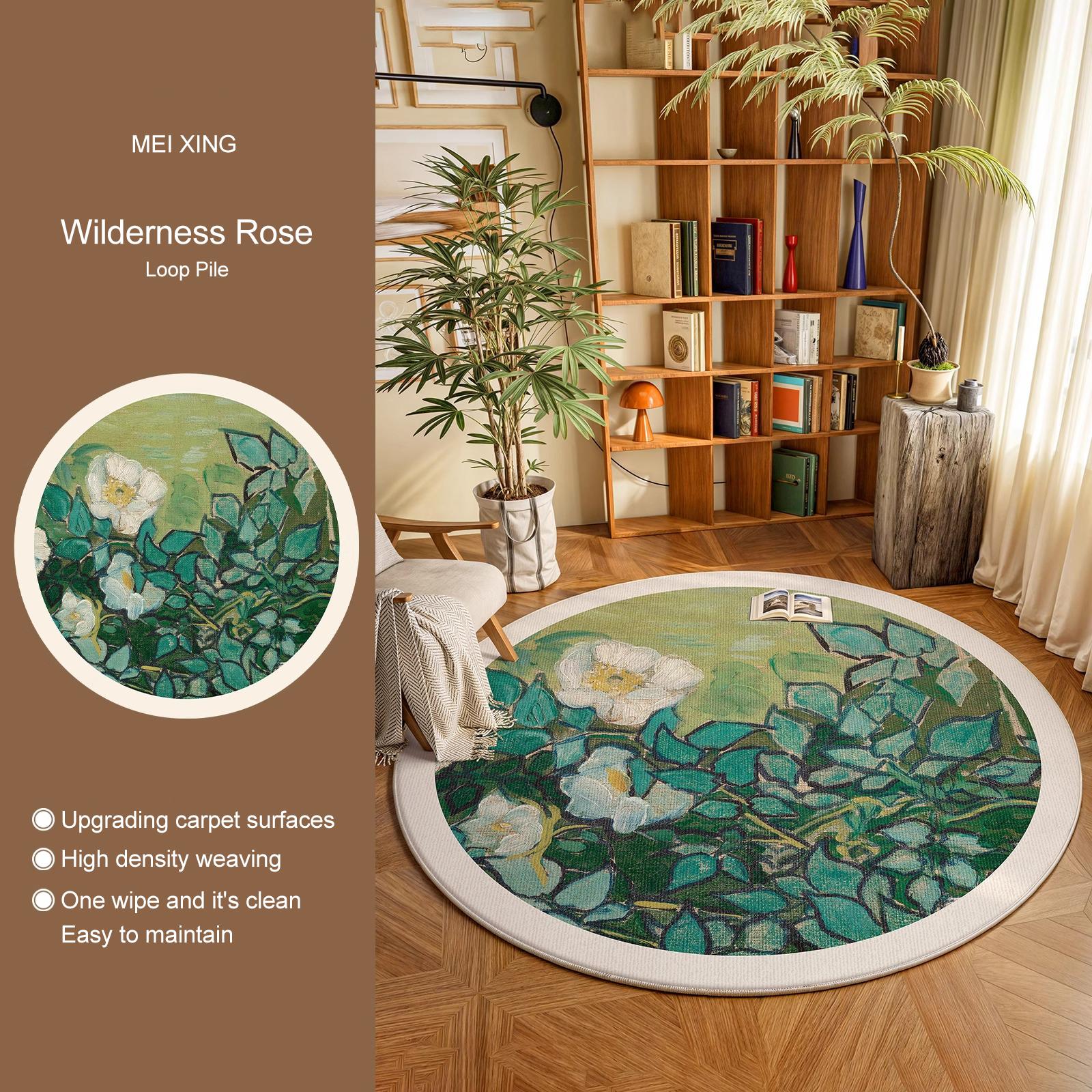 

Round Rug Soft Bedroom Carpet French Retro Plants Flowers Anti-slip Floor Mat Home Decoration Tapis Diameter 80cm