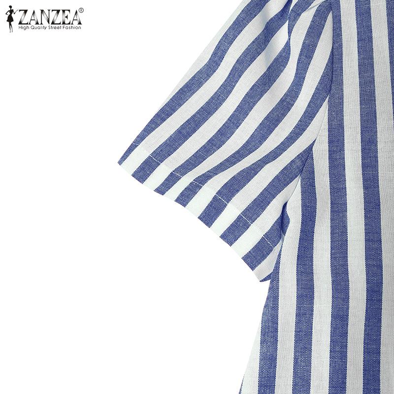 ZANZEA Γυναικείο Καθημερινό Casual Φόρεμα με V-λαιμόκοψη, Κοντό Μανίκι και Ριγέ