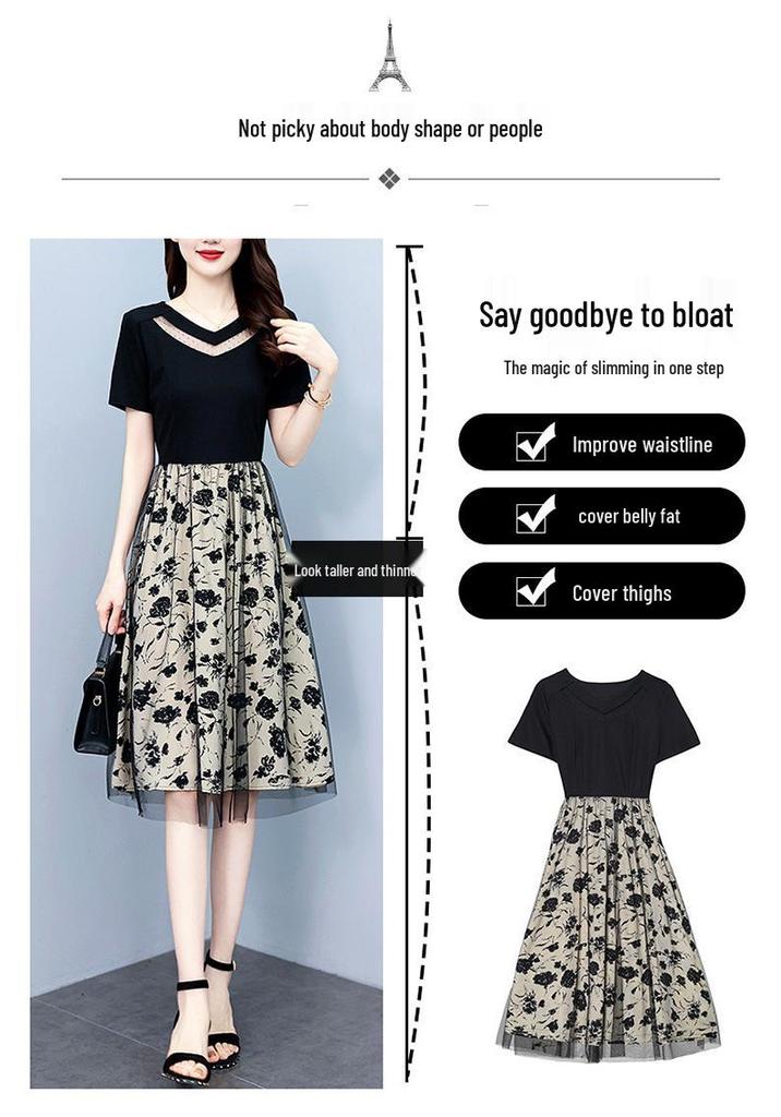 2026 Summer Plus Size Women's Mesh Embroidered Short-Sleeved Slimming Dress