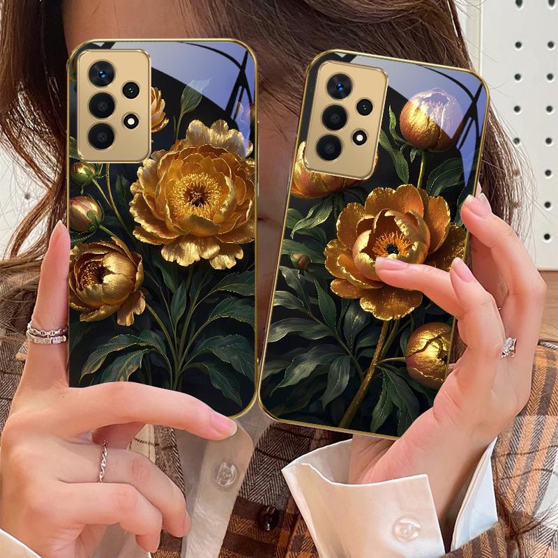 Prosperous Golden Peony For Samsung A 01 52S A04 A05S A10 A12 A13 22 23 24 36 42 M02 Note 10 20Ultra 8 9 Golden glass phone case