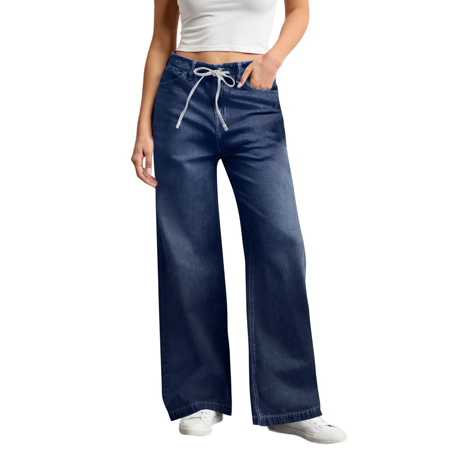 

Women s Wide Leg Jeans High Waisted Stretchy Straight Leg Baggy Drawstring Denim Pants L