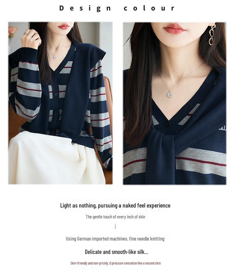 2025 Autumn V-neck Loose Casual Long Sleeve Fake Two-Piece Knitted Cardigan Coat