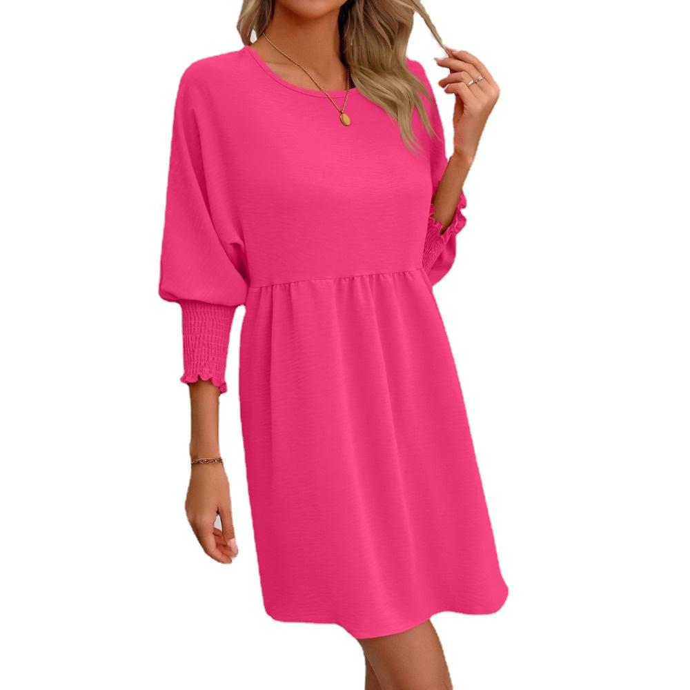 IHUASU Summer Solid Color Print Ladies Sweet Loose 1/2 Sleeves O-Neck Batsleeve Dress