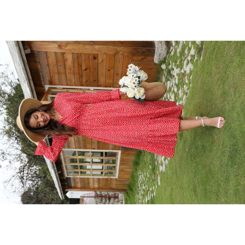 Women's Ditsy Floral V Neck Long Sleeve Maxi Dress High Waist Elastic Waist Ruffle Hem Boho Casual Dress
