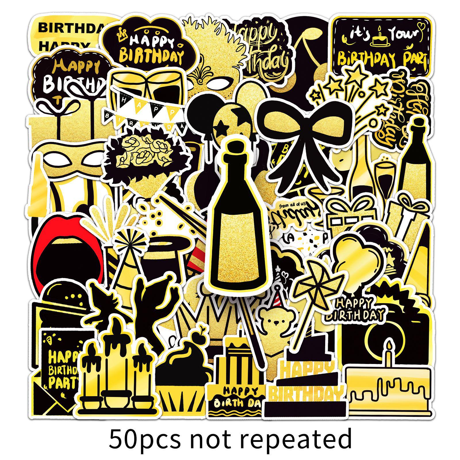 50 Sheets Birthday Black Gold Hand-drawn Stickers for Journals & Notebooks