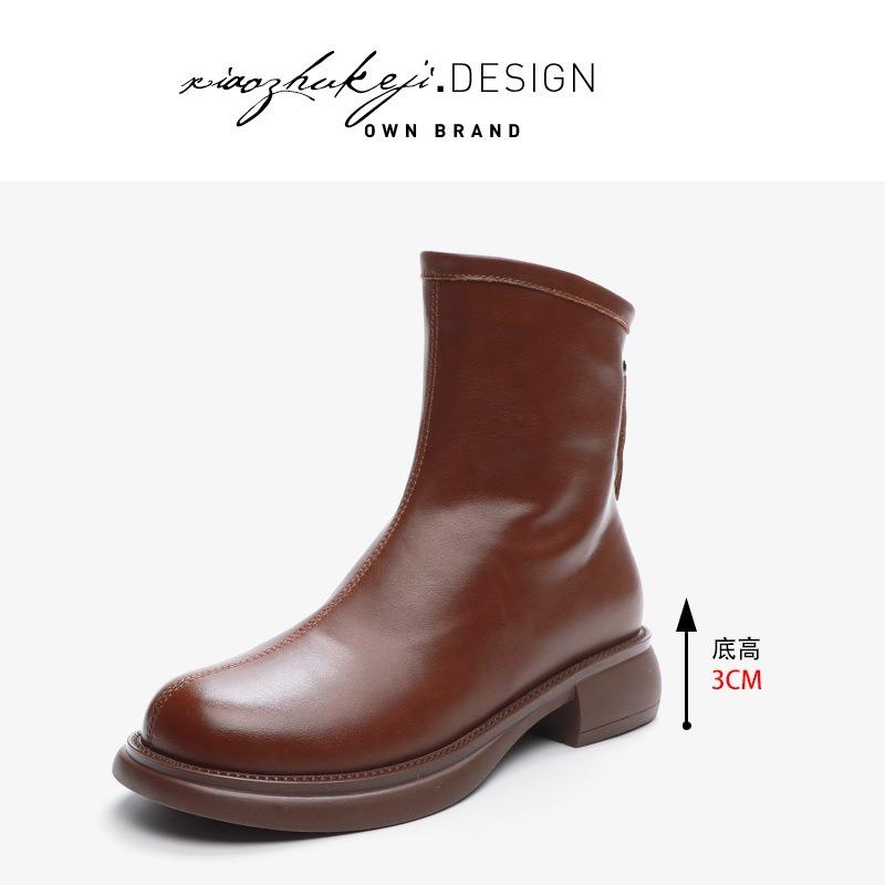 

Кожаные короткие ботинки женские осень и зима новые с задней молнией короткие ботинки универсальные ретро тонкие ботинки 35 коричневый