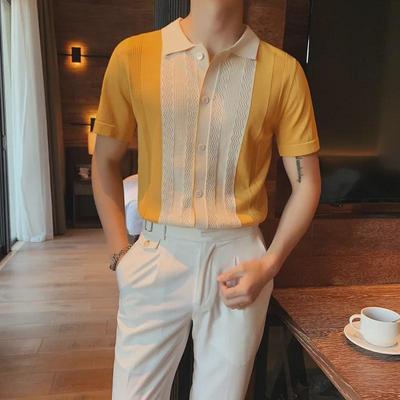 Men's Summer Contrast Color Knit Polo - Korean Style Slim Fit, Breathable Ice Silk, Short-Sleeved, Fashion Trend.