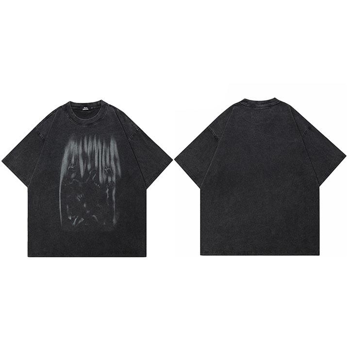 

Hip Hop Retro Washed Black TShirt Streetwear Vintage Graphic Creepy Shadow T Shirt Cotton Unisex Tshirt Men Tops Tees YK S