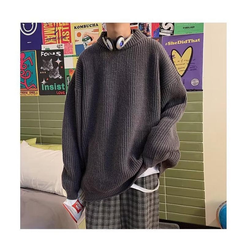 

Осенне-зимние свитера с круглым вырезом для мужчин Стиль Свободный Трикотаж Гонконгский стиль Трендовые Зимние Утепленные Однотонные Свитера L серый