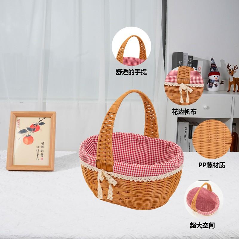 Portable Woven PP Picnic Basket With Red Liner 33x25x17cmStyle Storage Tote Fruits Vegetables Bread Outdoor Use