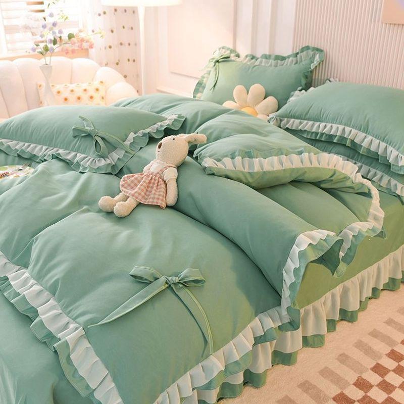 Korean Princess-Style Lace Trim Bedding Set - Brushed Four-Piece for Spring/Autumn