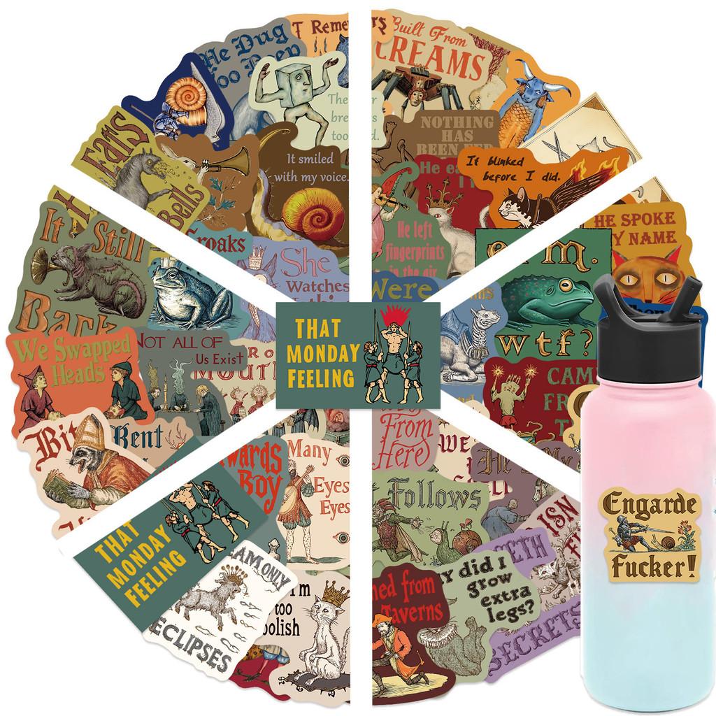 50 kusů Kreslené Středověké Strašidelné Abstraktní Retro Samolepky - Vodotěsné PVC Dekorativní Nálepky pro DIY Pouzdra na Telefon, Lahve na Vodu
