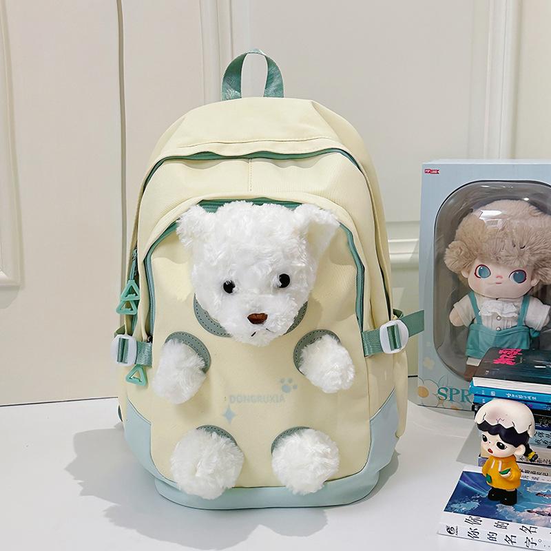 

Милый рюкзак с мишкой, женский, новый модный, для девочки, высококачественный, рюкзак для ученика средней школы, студенческий рюкзак с куклой