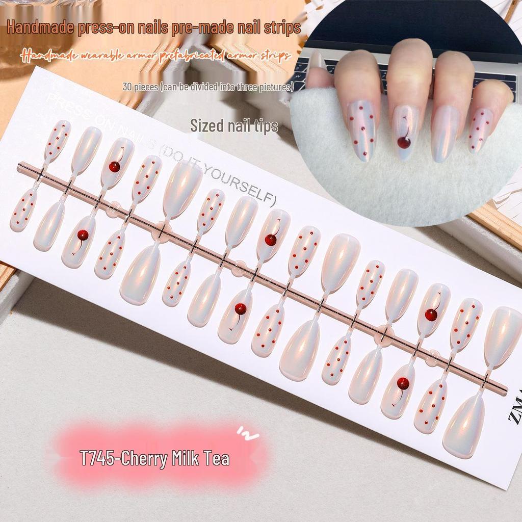 Cherry Milk Tea Almond Cat Eye 3D Aurora Polka Dot Wearable Nail Stickers