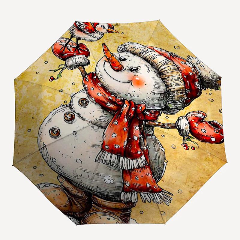 1pc Snowman & Bird Design Automatic Folding Umbrella, Portable 3-Fold Design with Iron Frame, Perfect for Outdoor Use, Festive Gifts, Travel, Daily Us