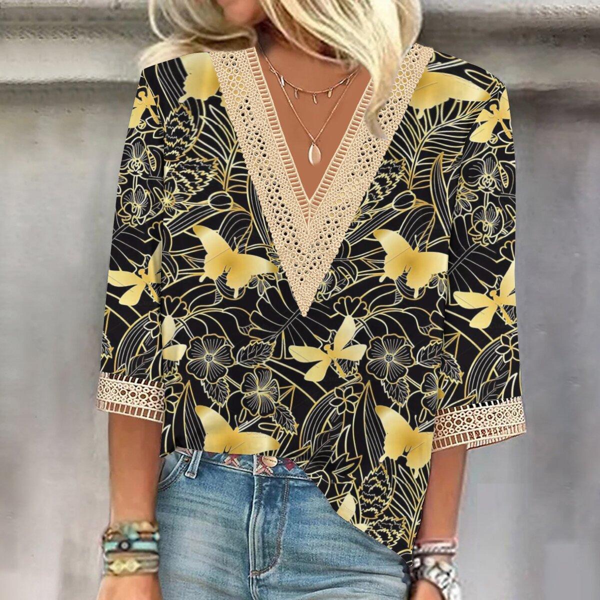 

Осень 2023, новая мода, женский повседневный топ с v-образным вырезом и рукавом 3/4 с принтом, большие размеры