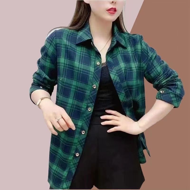 Spring Autumn Elegant Fashion Harajuku Plaid Tops Women Loose Casual All Match Lady Shirt Polo Button Long Sleeve Blusa