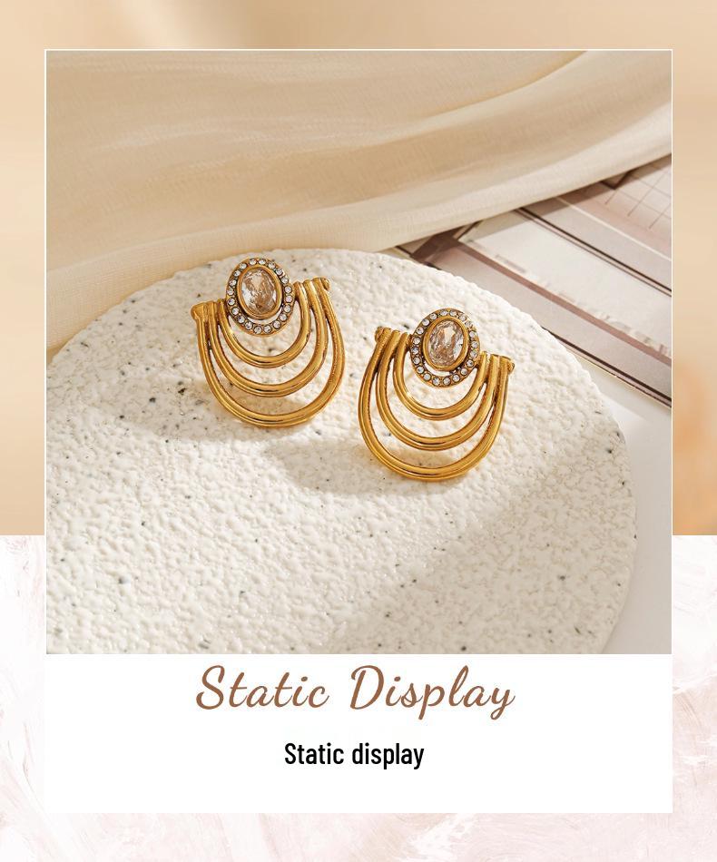 18K Gold Vacuum-Plated Stainless Steel Zirconia Stud Earrings - Women's High-End European American Retro Style, Waterproof with Polished Finish