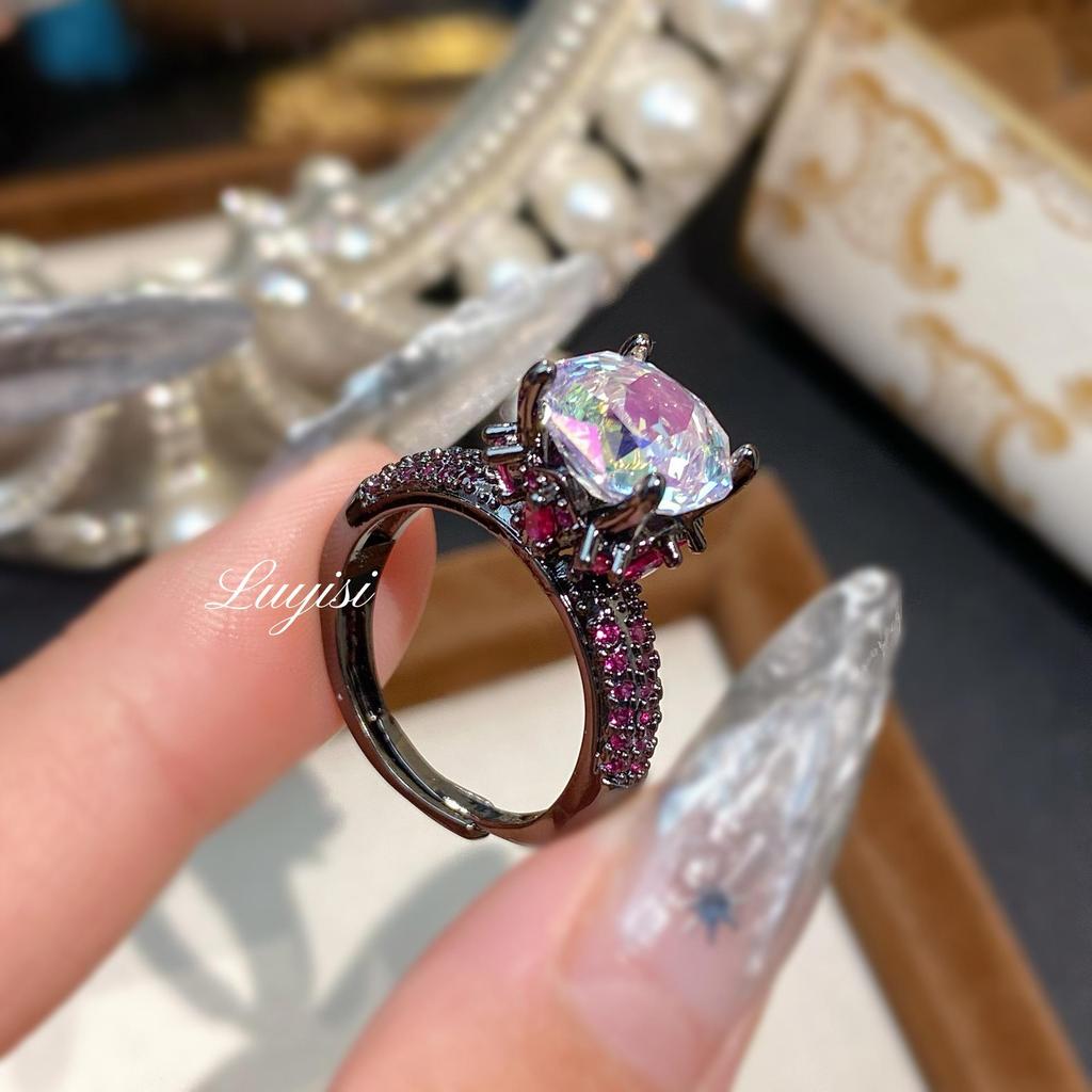 Octagonal Millennium Rose Cut Aquamarine & Purple Diamond Black Gold Ring
